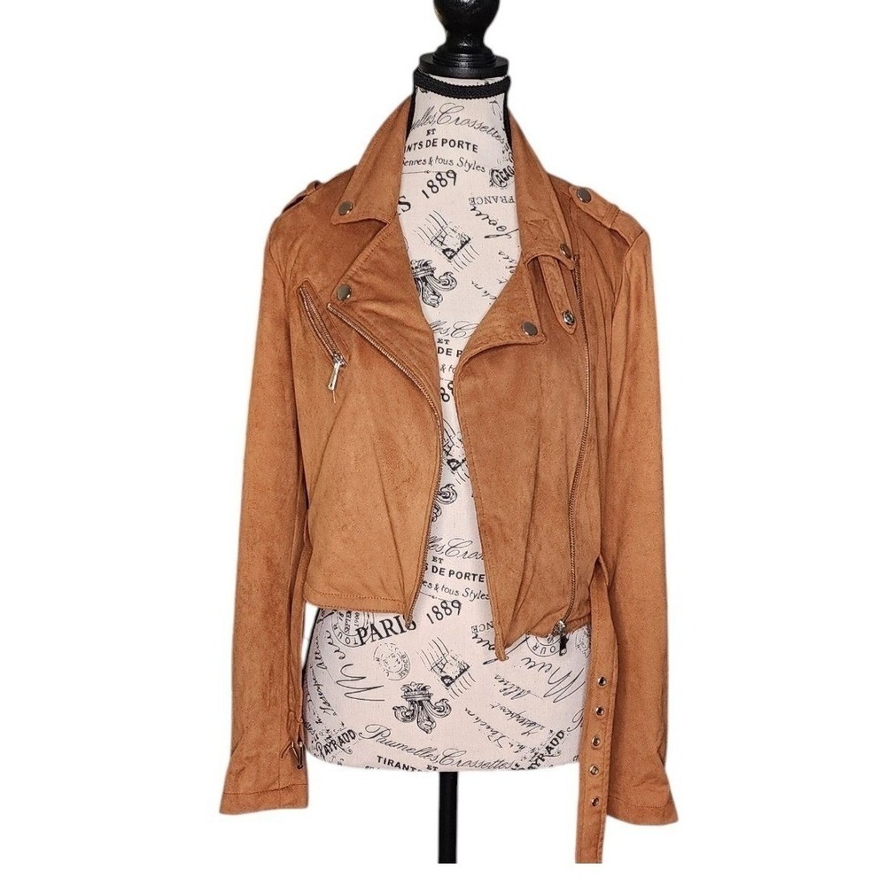 Ashley Outerwear Womens Camel Faux Suede Cropped Moto Biker Jacket Size M